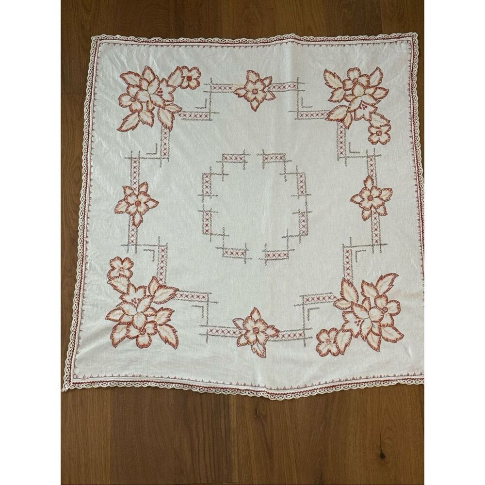 Vintage Embroidered Ivory Muslin Floral Lace Square Tablecloth 49” x 46”
